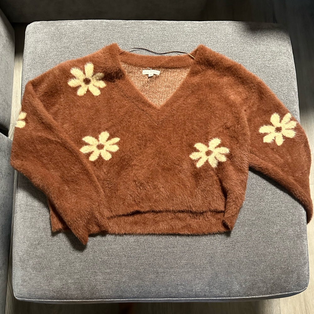 Pacsun V-Neck Floral Sweater in Brown and Cream